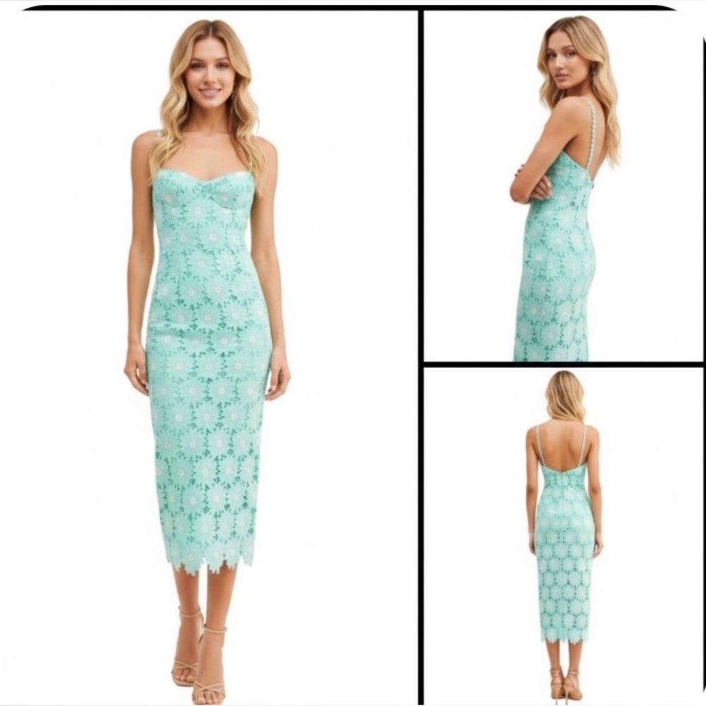 Saylor Calabria Eyelet Crochet Open Knit Floral Mint Coquette Midi Dress M